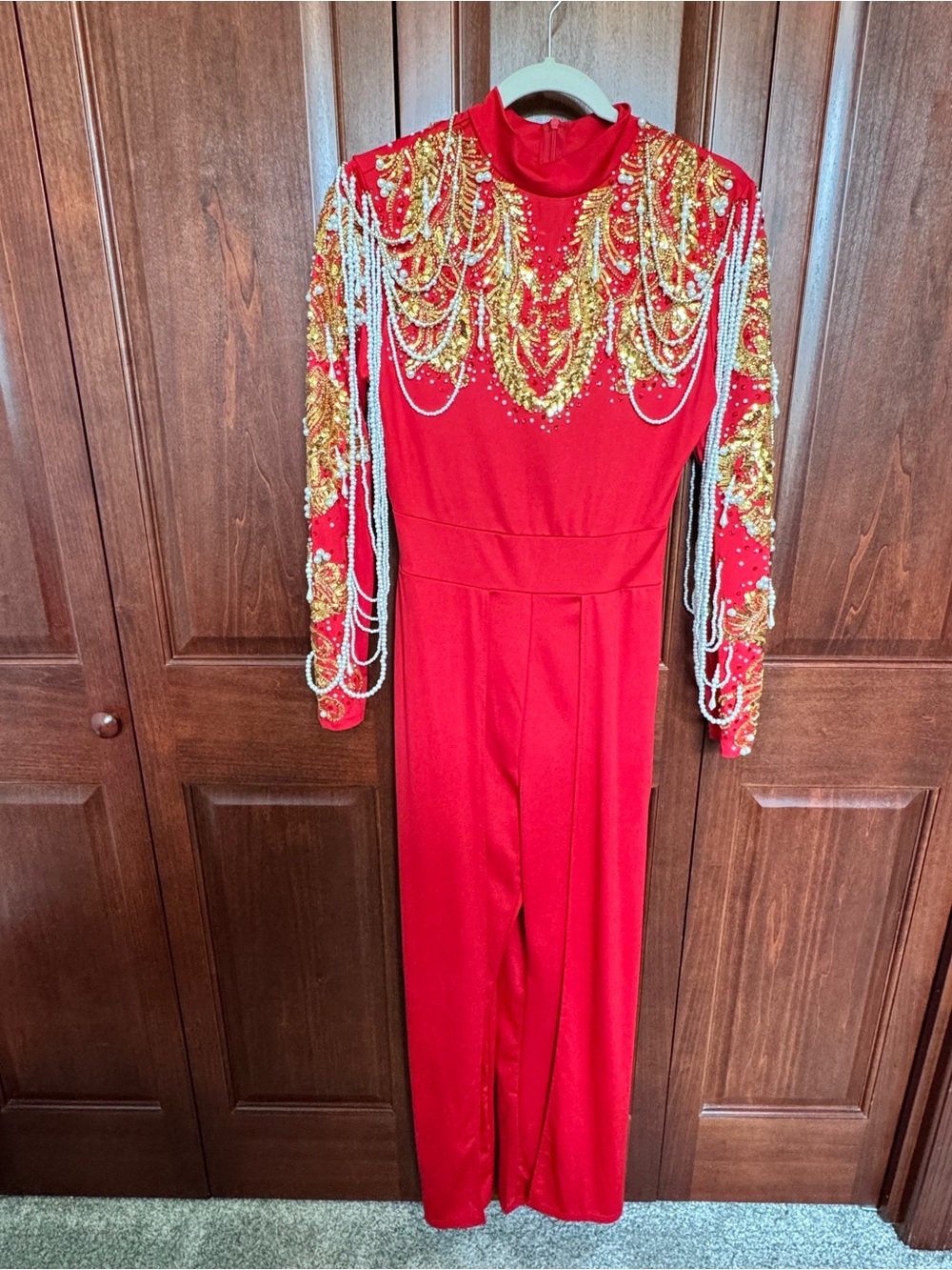 Red Beaded High-Neck Jumpsuit with Pearl & Gold Embellishment
